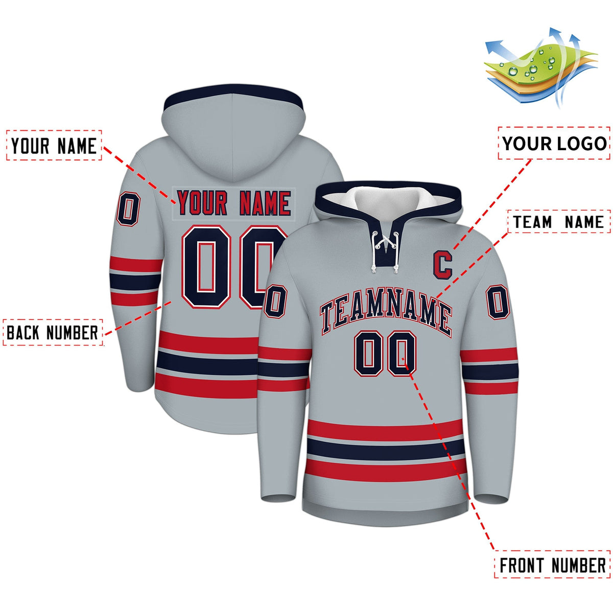 Custom Hockey Hoodie Jersey Silver Navy Classic Style Add Name,Number&amp;Logo