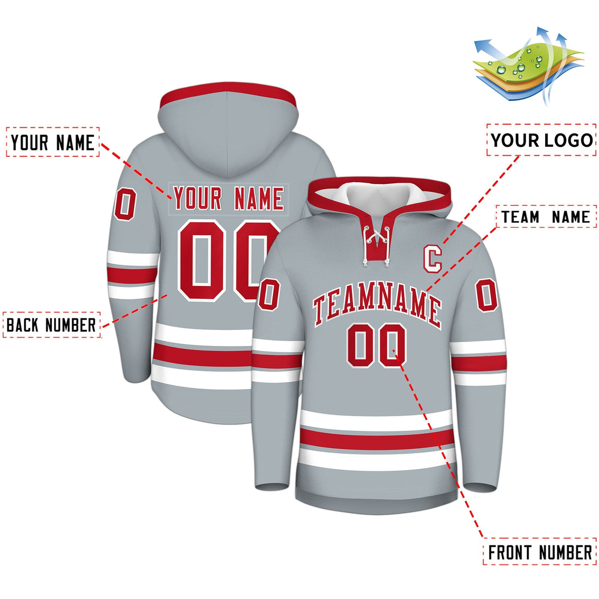 Custom Hockey Hoodie Jersey Silver Red Classic Style for Men&amp;Youth