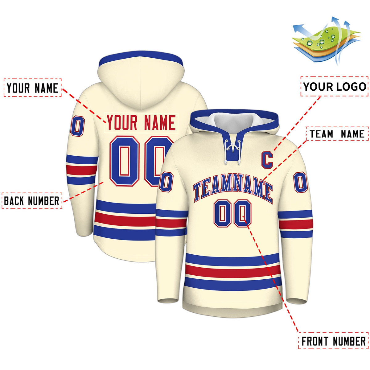 Custom Hockey Hoodie Jersey Cream Royal Blue Classic Style Add Name,Number&amp;Logo