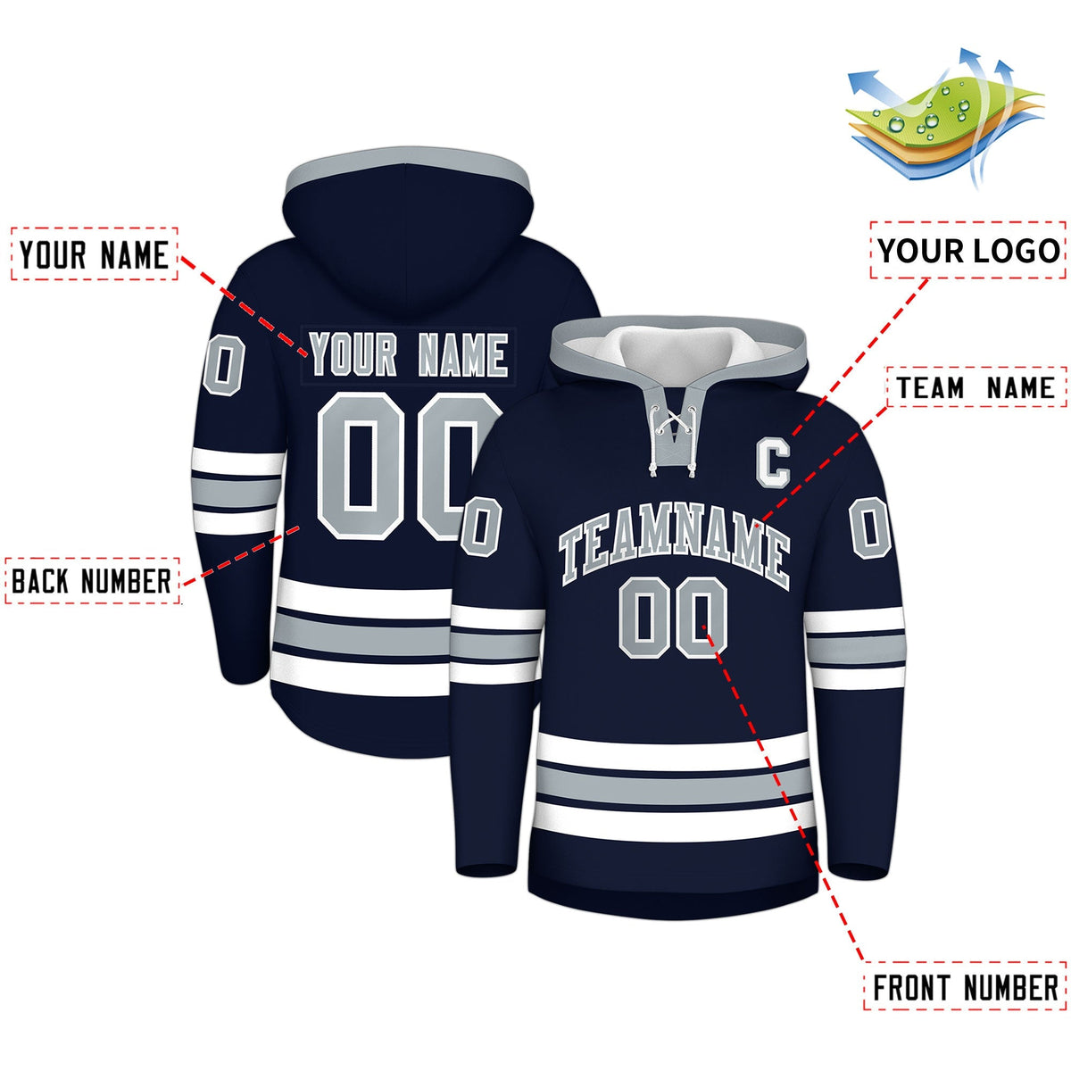 Custom Hockey Hoodie Jersey Navy Silver Classic Style Add Name,Number&amp;Logo