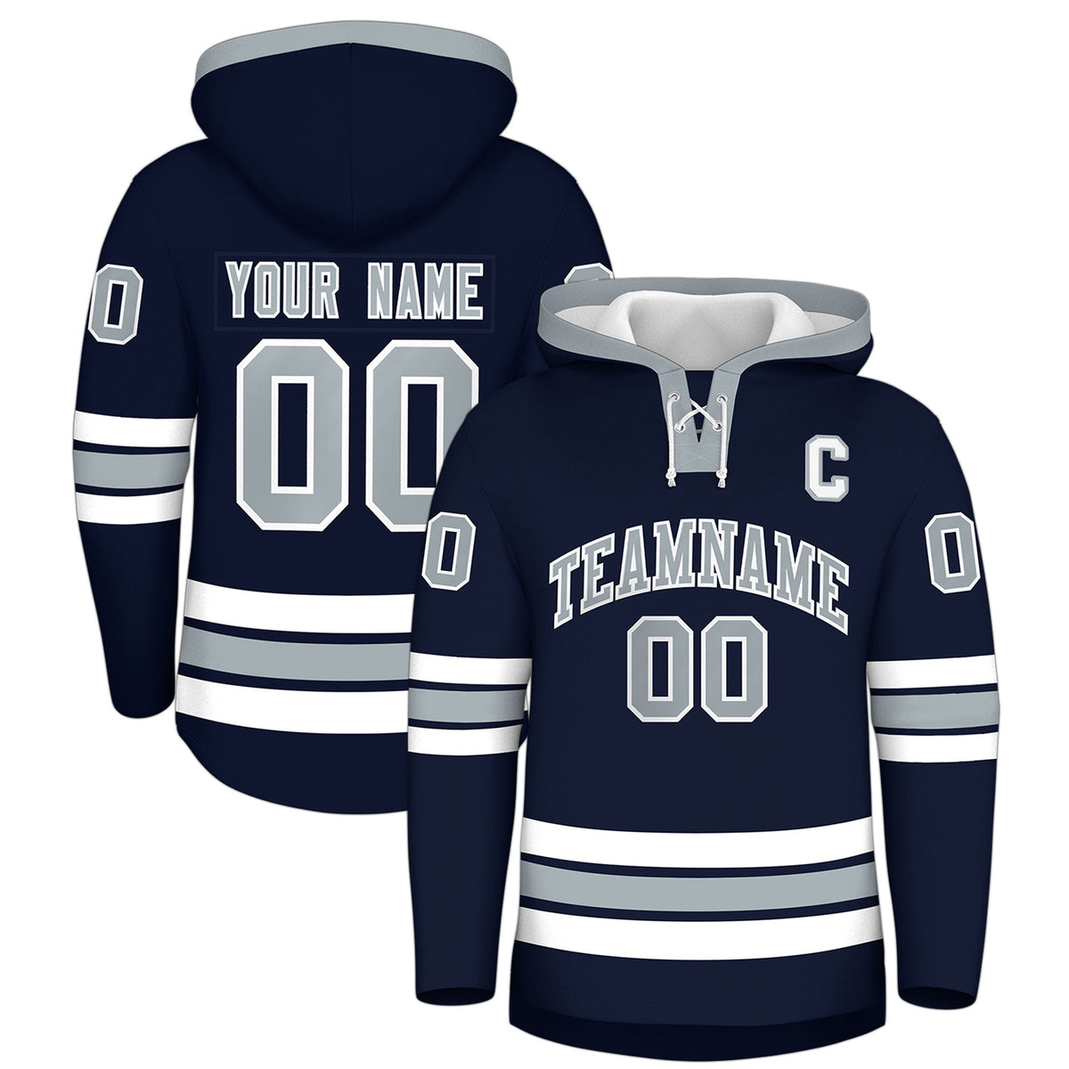 Custom Hockey Hoodie Jersey Navy Silver Classic Style Add Name,Number&amp;Logo