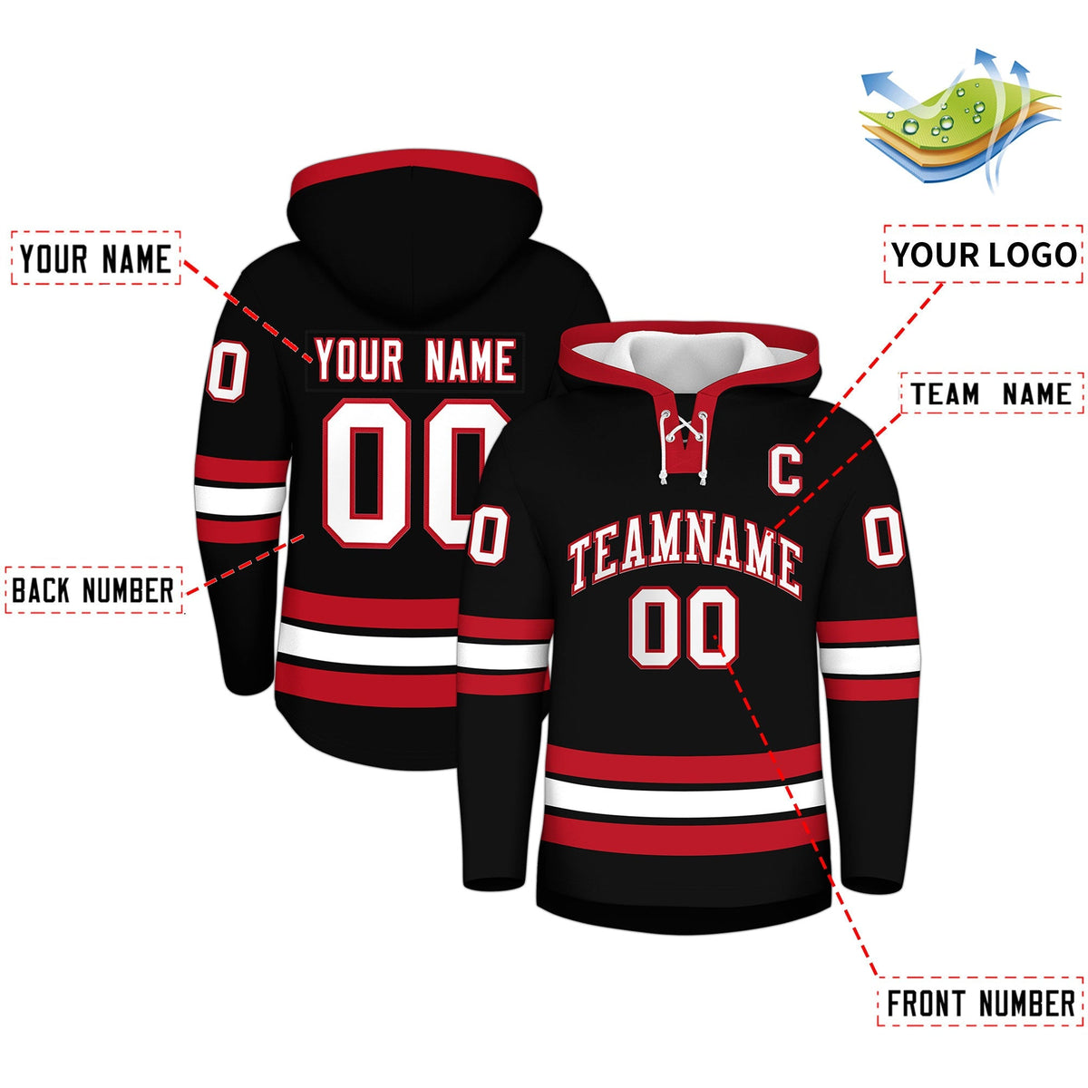 Custom Hockey Hoodie Jersey Black Red Classic Style Add Name,Number&amp;Logo