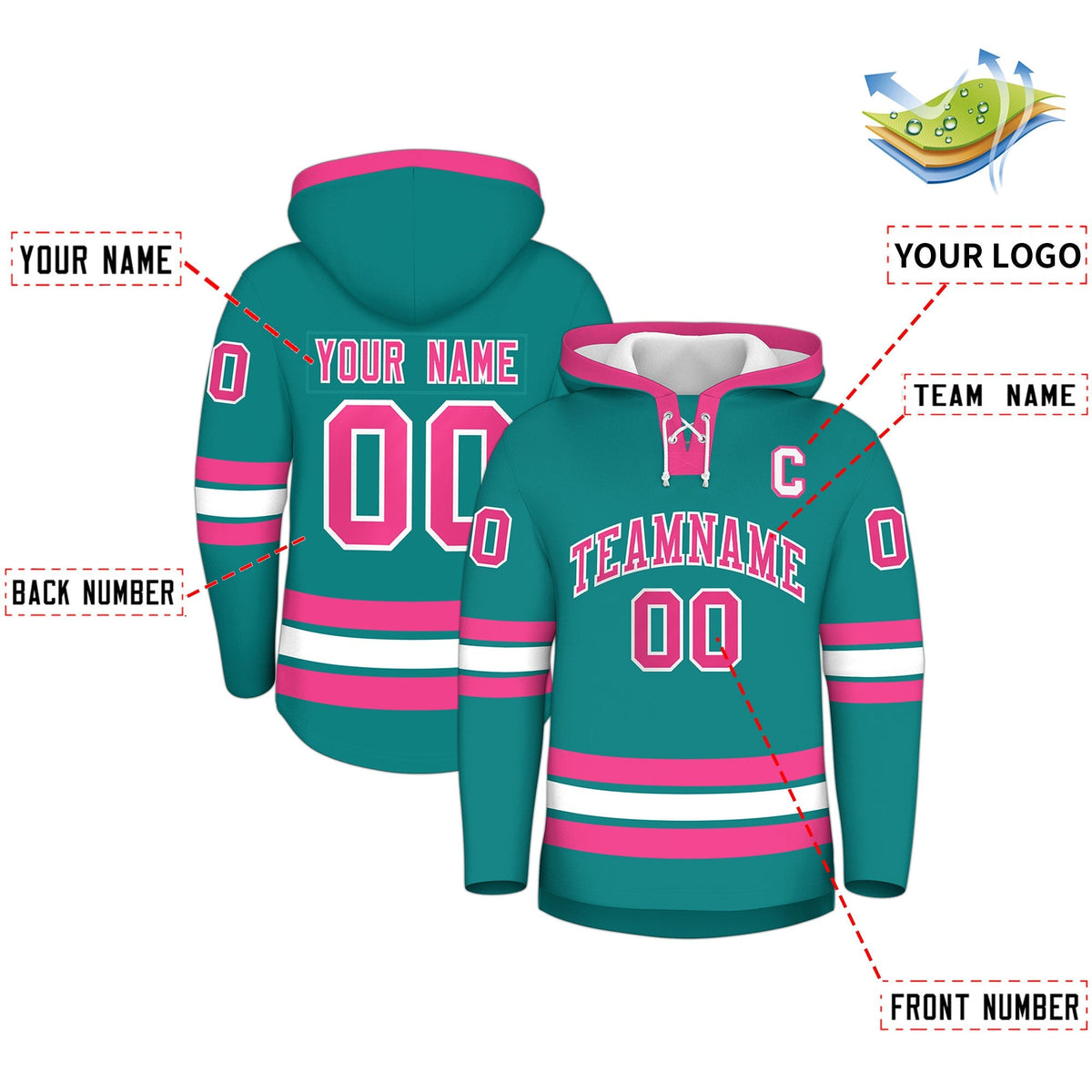 Custom Hockey Hoodie Jersey Teal Pink Classic Style for Men&amp;Youth
