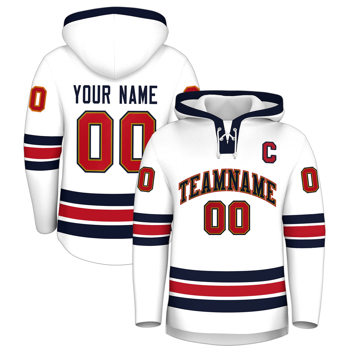 Custom Hockey Hoodie Jersey White Navy Classic Style Add Name,Number&amp;Logo