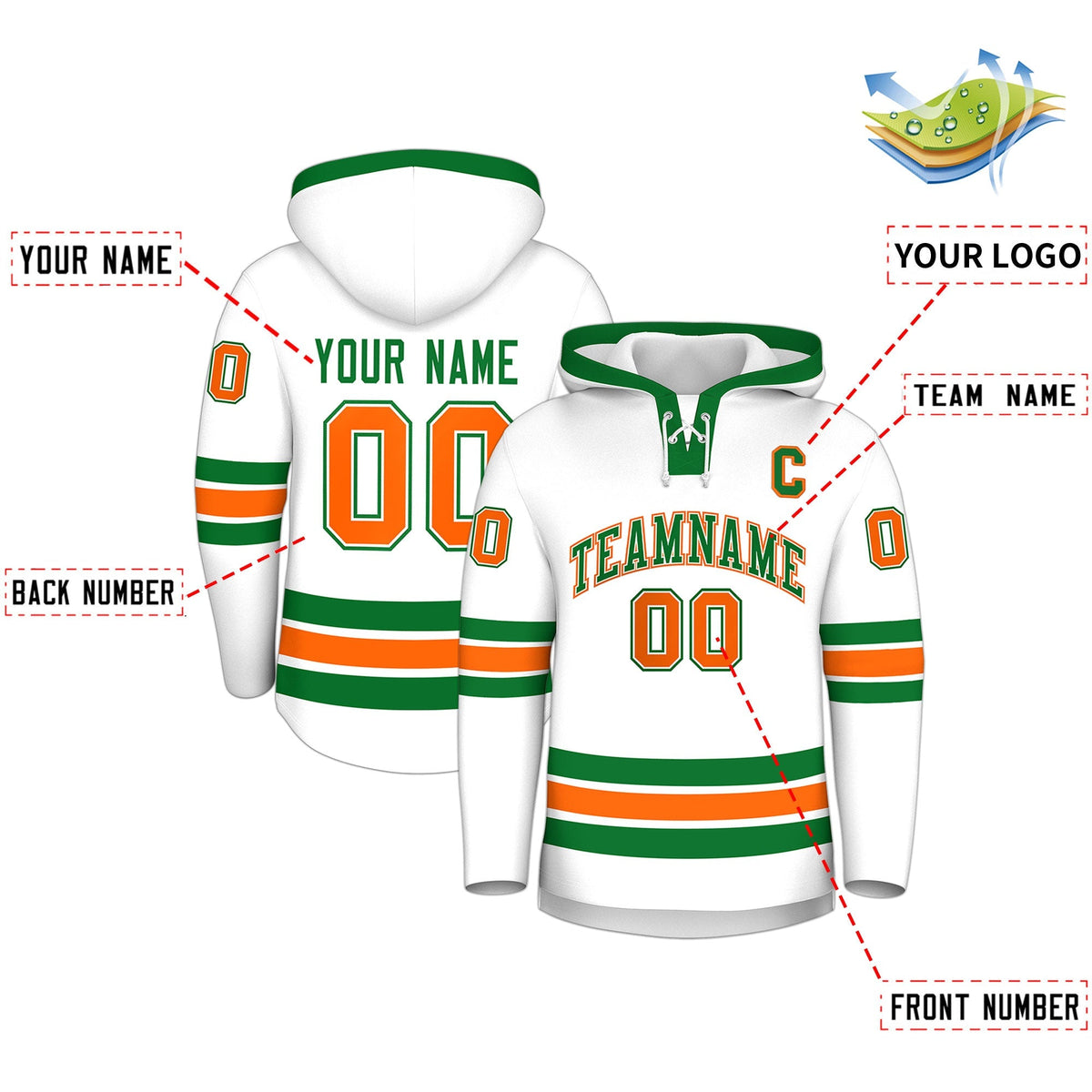 Custom Hockey Hoodie Jersey White Kelly Green Classic Style for Men&amp;Youth