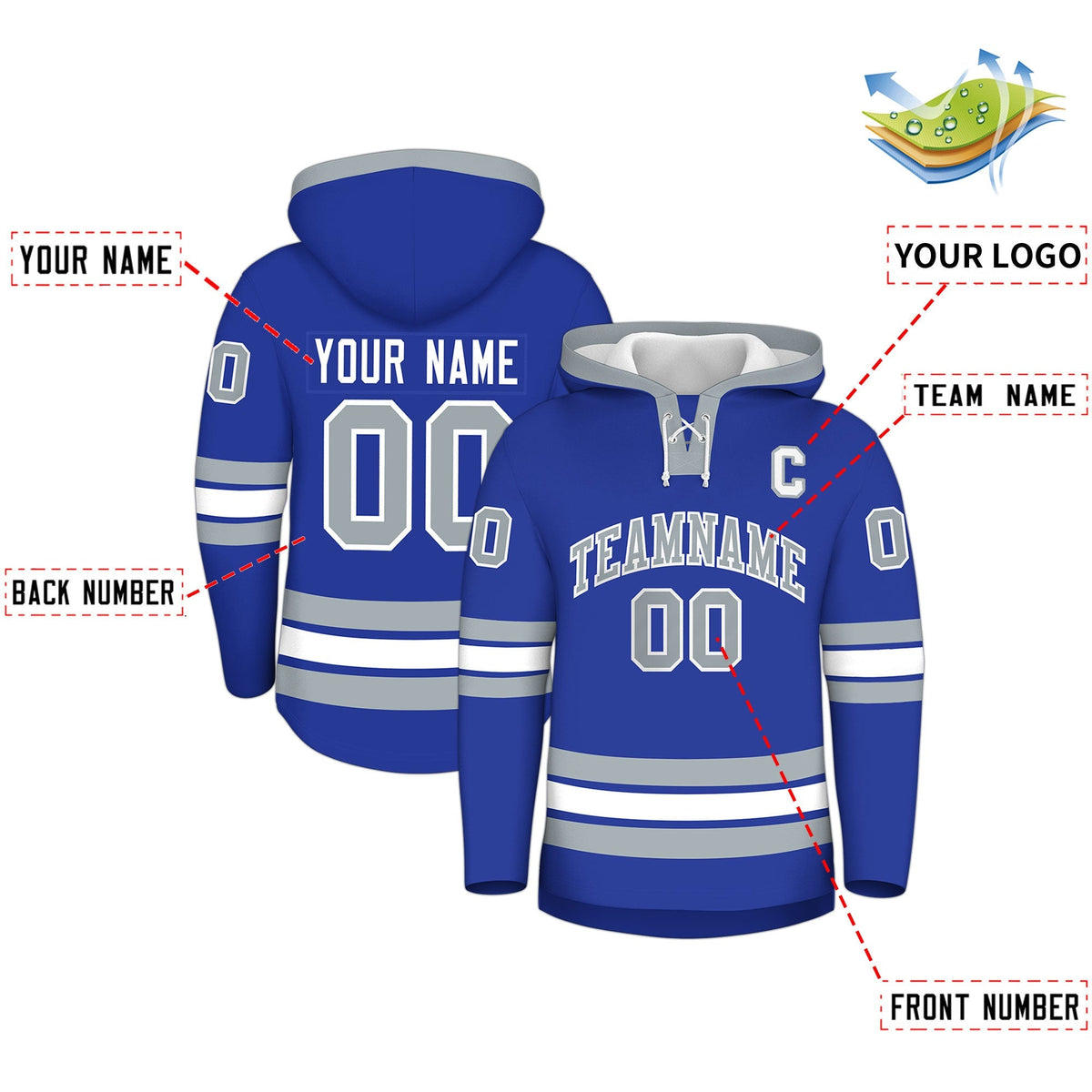 Custom Hockey Hoodie Jersey Royal Blue Silver Classic Style for Men&amp;Youth