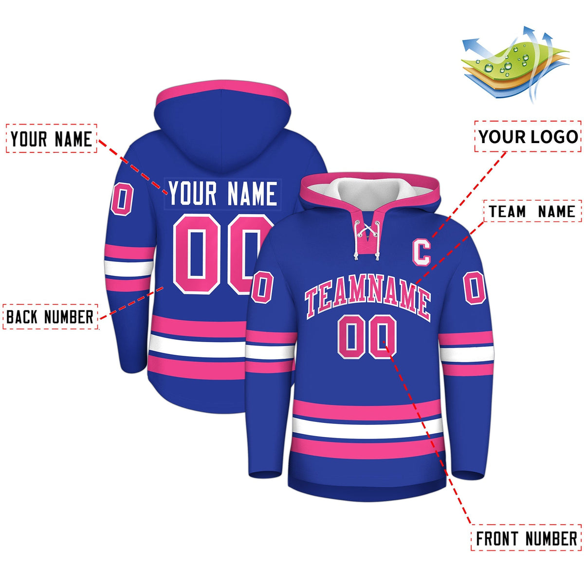 Custom Hockey Hoodie Jersey Royal Blue Pink Classic Style Add Name,Number&amp;Logo
