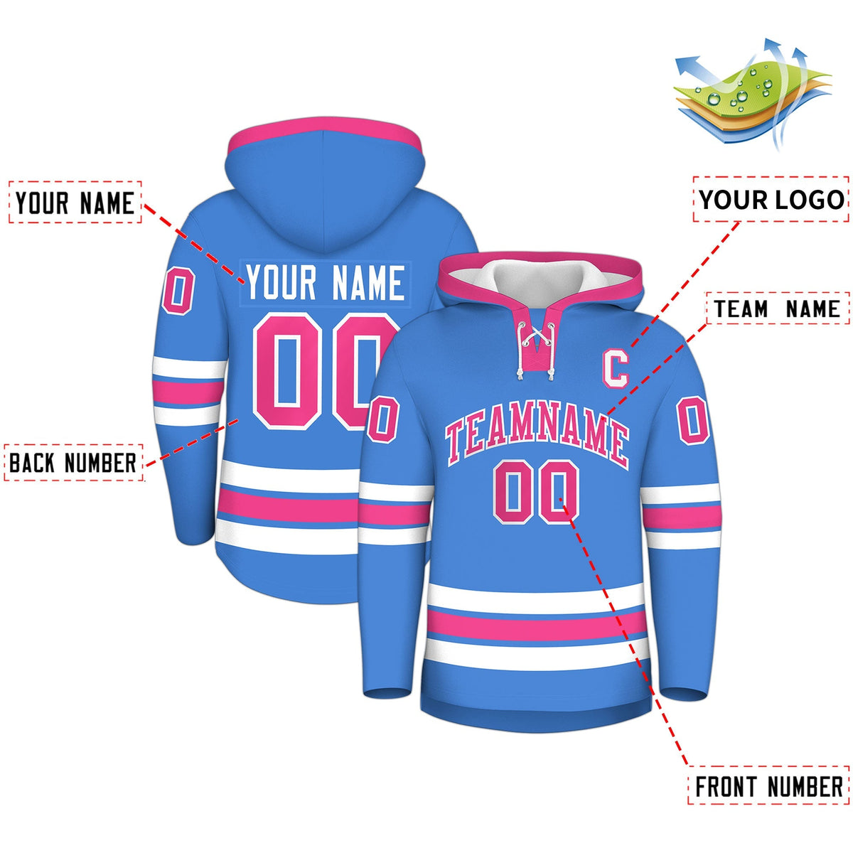 Custom Hockey Hoodie Jersey Powder Blue Pink Classic Style for Men&amp;Youth