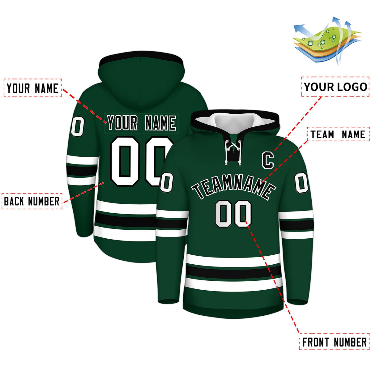Custom Hockey Hoodie Jersey Dark Green Black Classic Style for Men&amp;Youth