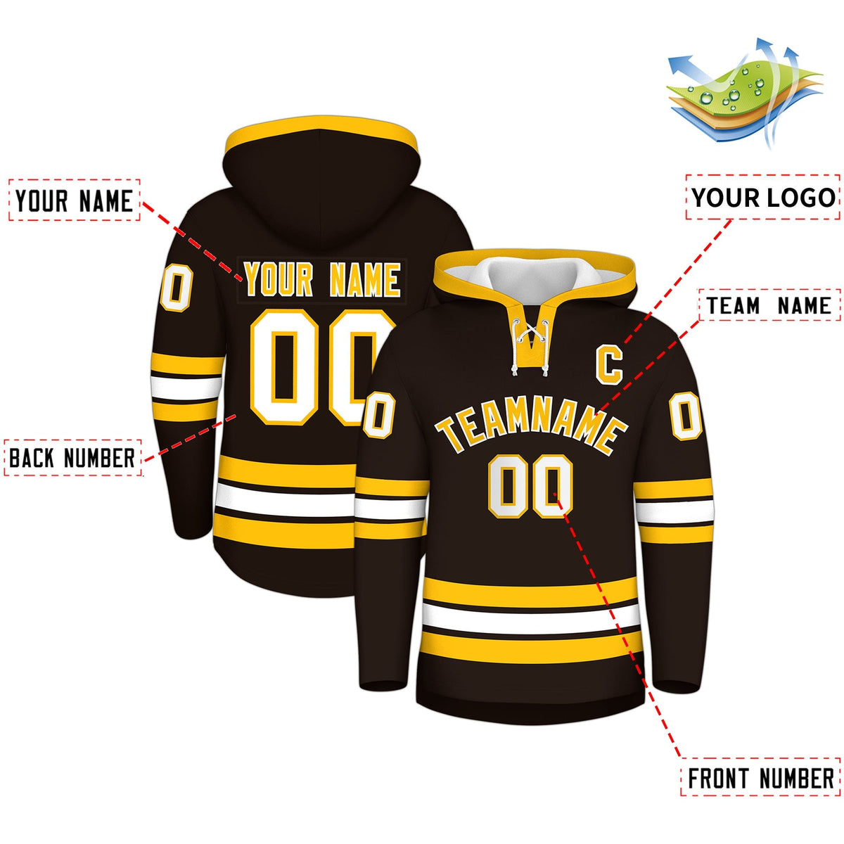 Custom Hockey Hoodie Jersey Brown Gold Classic Style Add Name,Number&amp;Logo