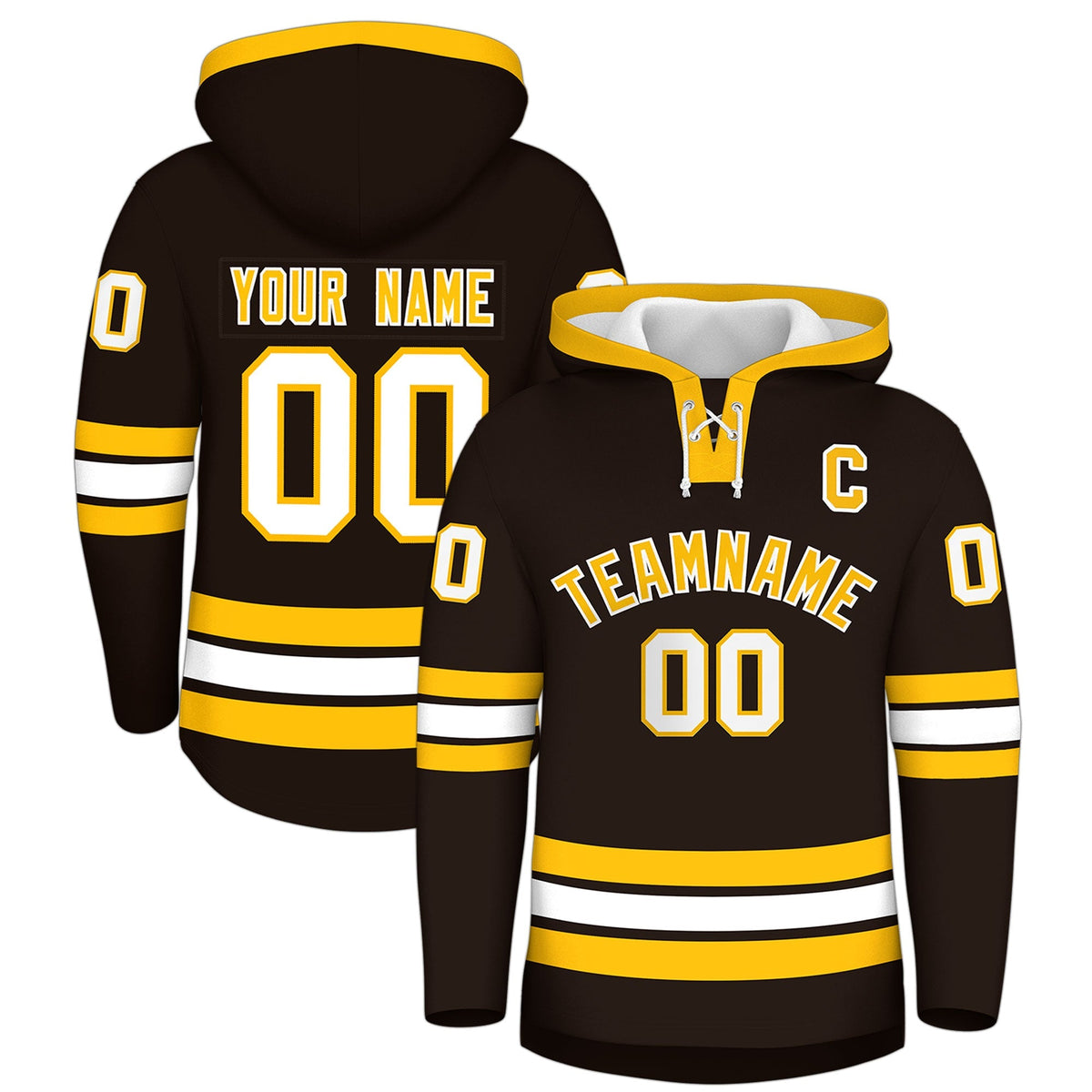 Custom Hockey Hoodie Jersey Brown Gold Classic Style Add Name,Number&amp;Logo