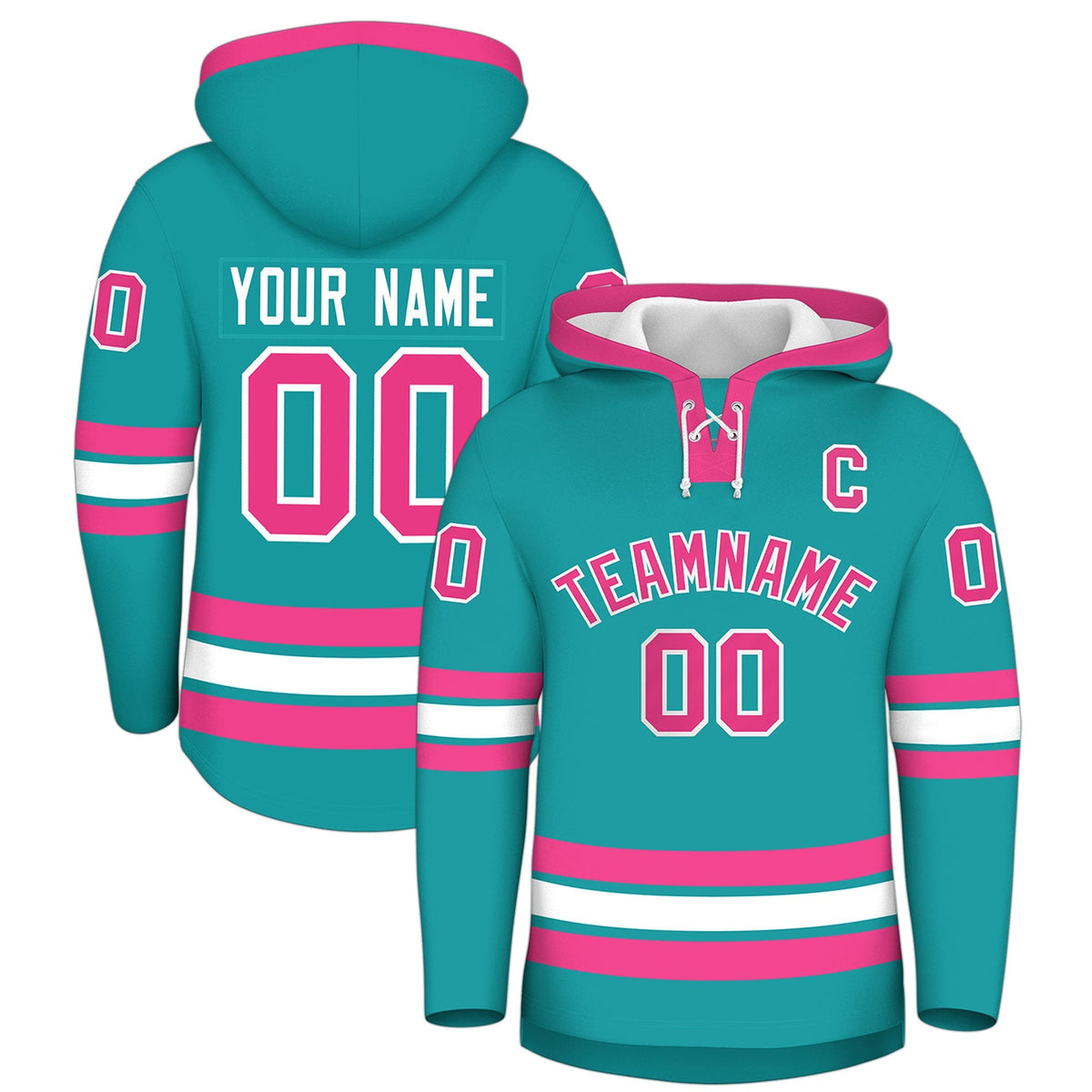 Custom Hockey Hoodie Jersey Aqua Pink Classic Style Add Name,Number&amp;Logo