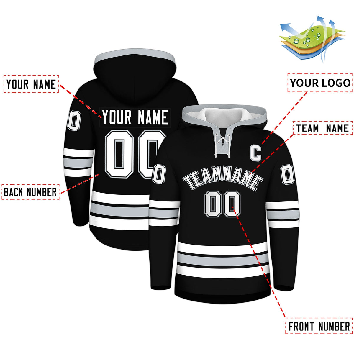 Custom Hockey Hoodie Jersey Black Silver Classic Style for Men&amp;Youth