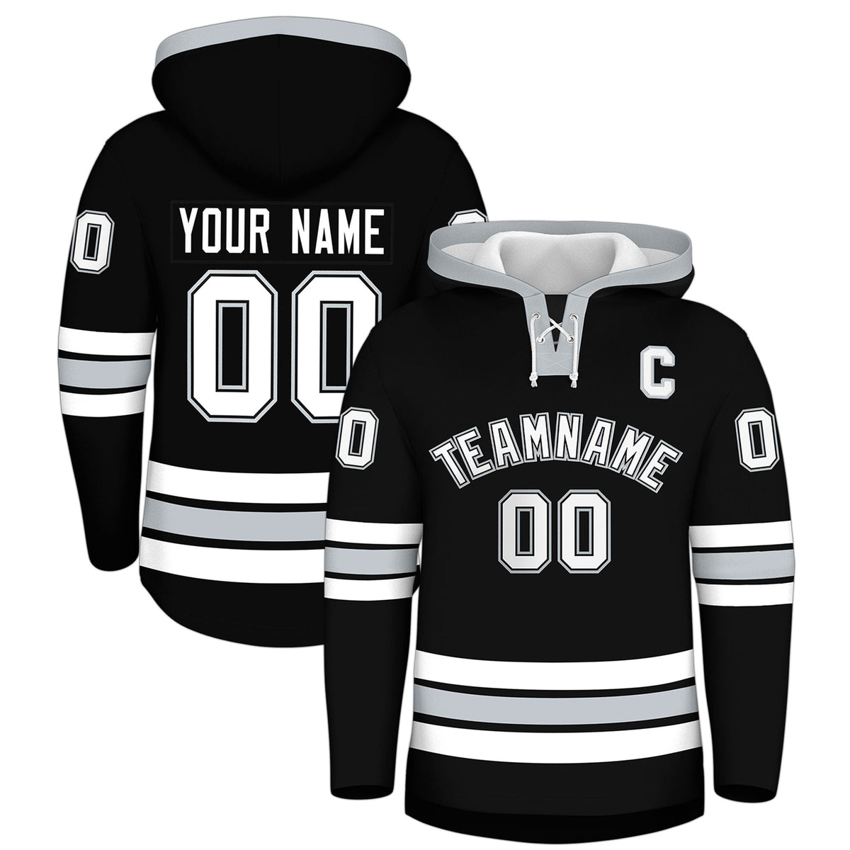 Custom Hockey Hoodie Jersey Black Silver Classic Style for Men&amp;Youth