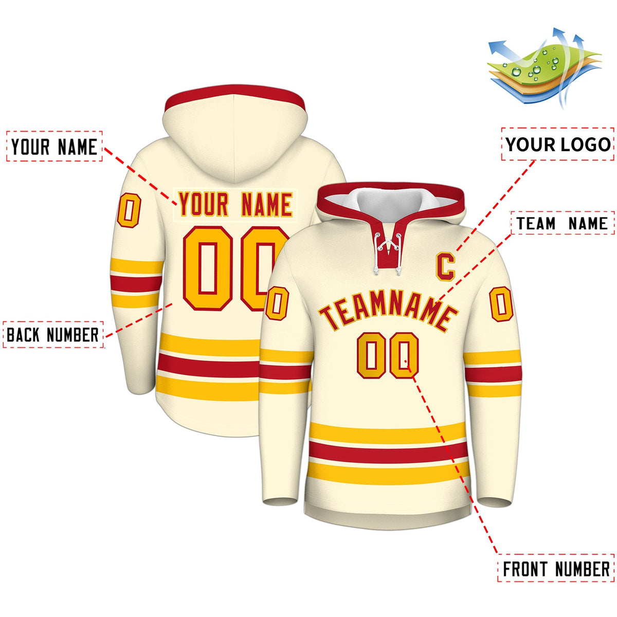 Custom Hockey Hoodie Jersey Cream Red Classic Style Add Name,Number&amp;Logo