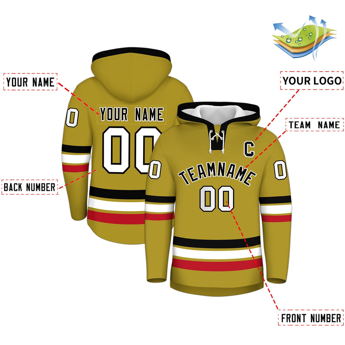 Custom Hockey Hoodie Jersey Old Gold Black Classic Style for Men&amp;Youth