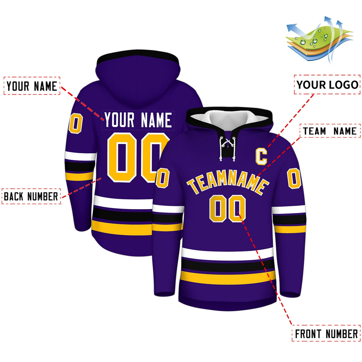 Custom Hockey Hoodie Jersey Purple Black Classic Style for Men&amp;Youth