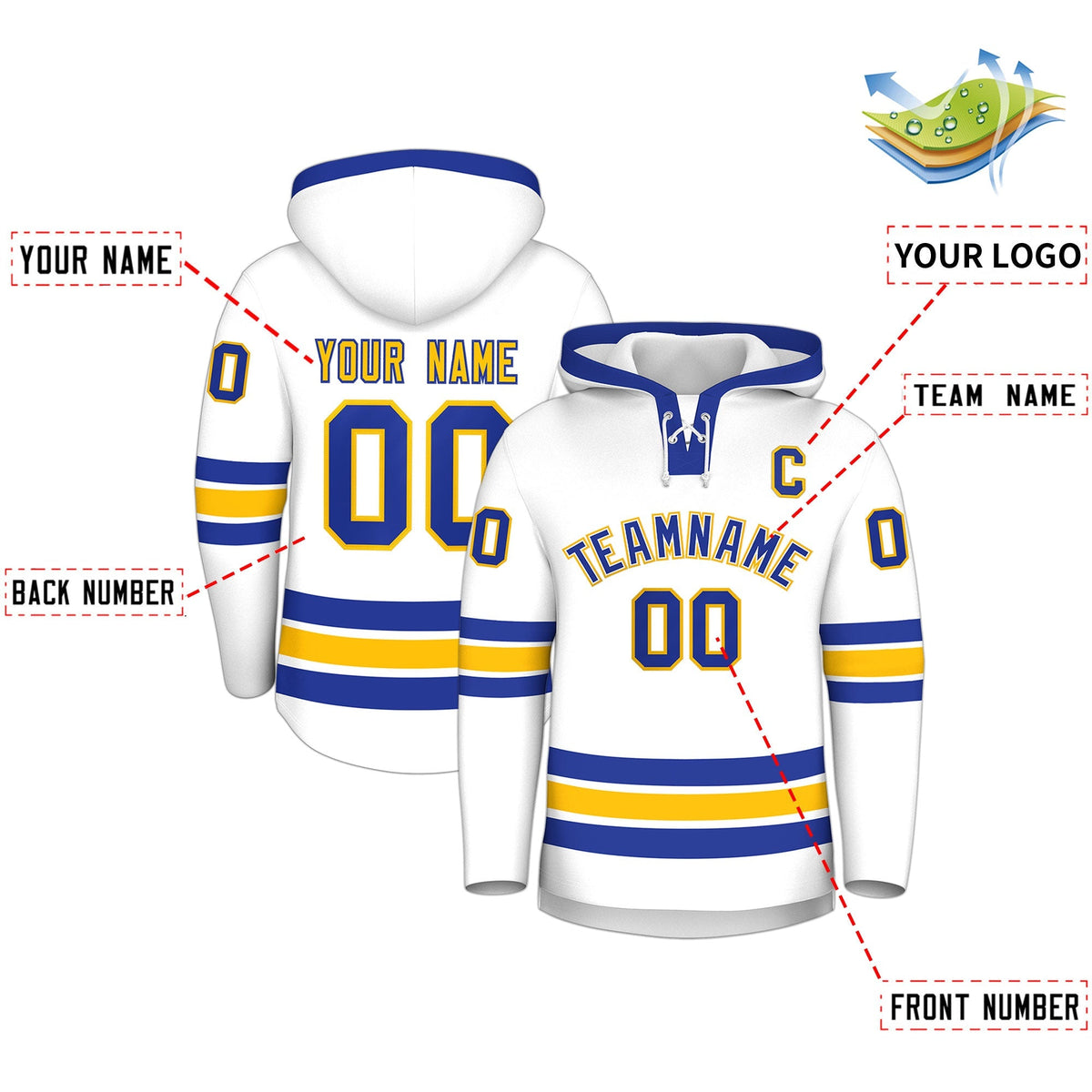 Custom Hockey Hoodie Jersey White Royal Blue Classic Style Add Name,Number&amp;Logo