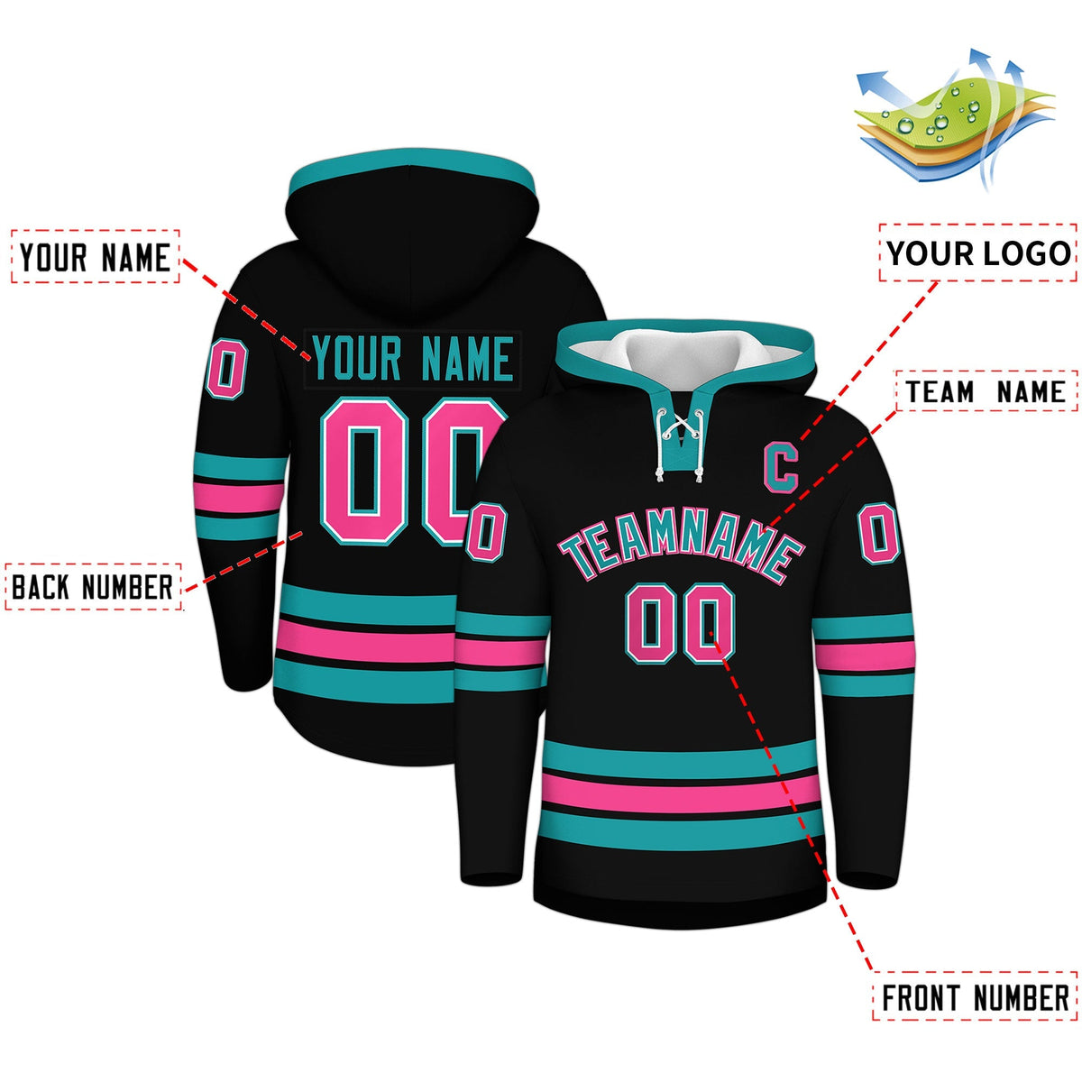 Custom Hockey Hoodie Jersey Black Aqua Classic Style Add Name,Number&amp;Logo