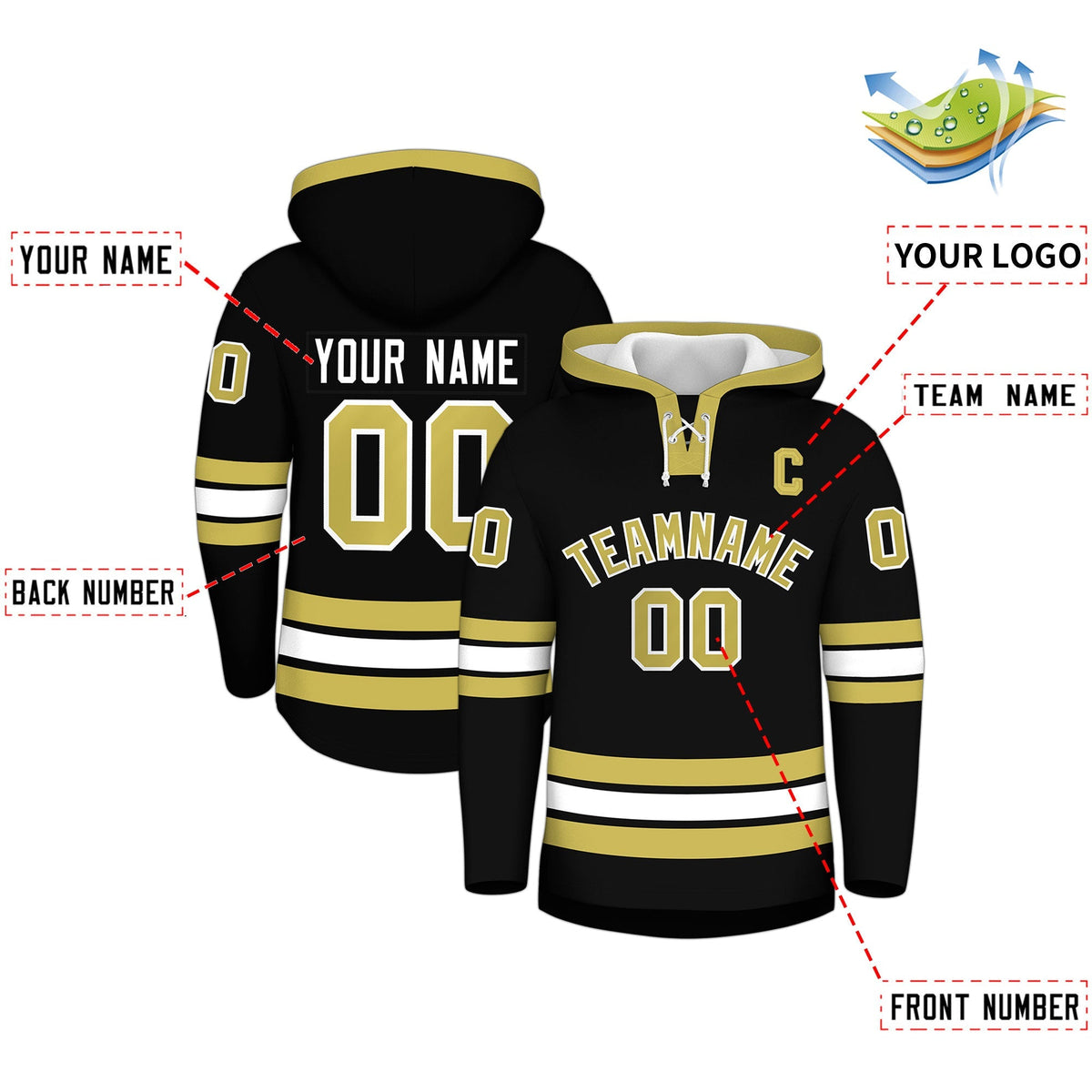 Custom Hockey Hoodie Jersey Black Old Gold Classic Style for Men&amp;Youth