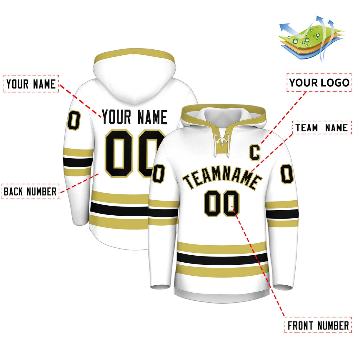 Custom Hockey Hoodie Jersey White Old Gold Classic Style Add Name,Number&amp;Logo