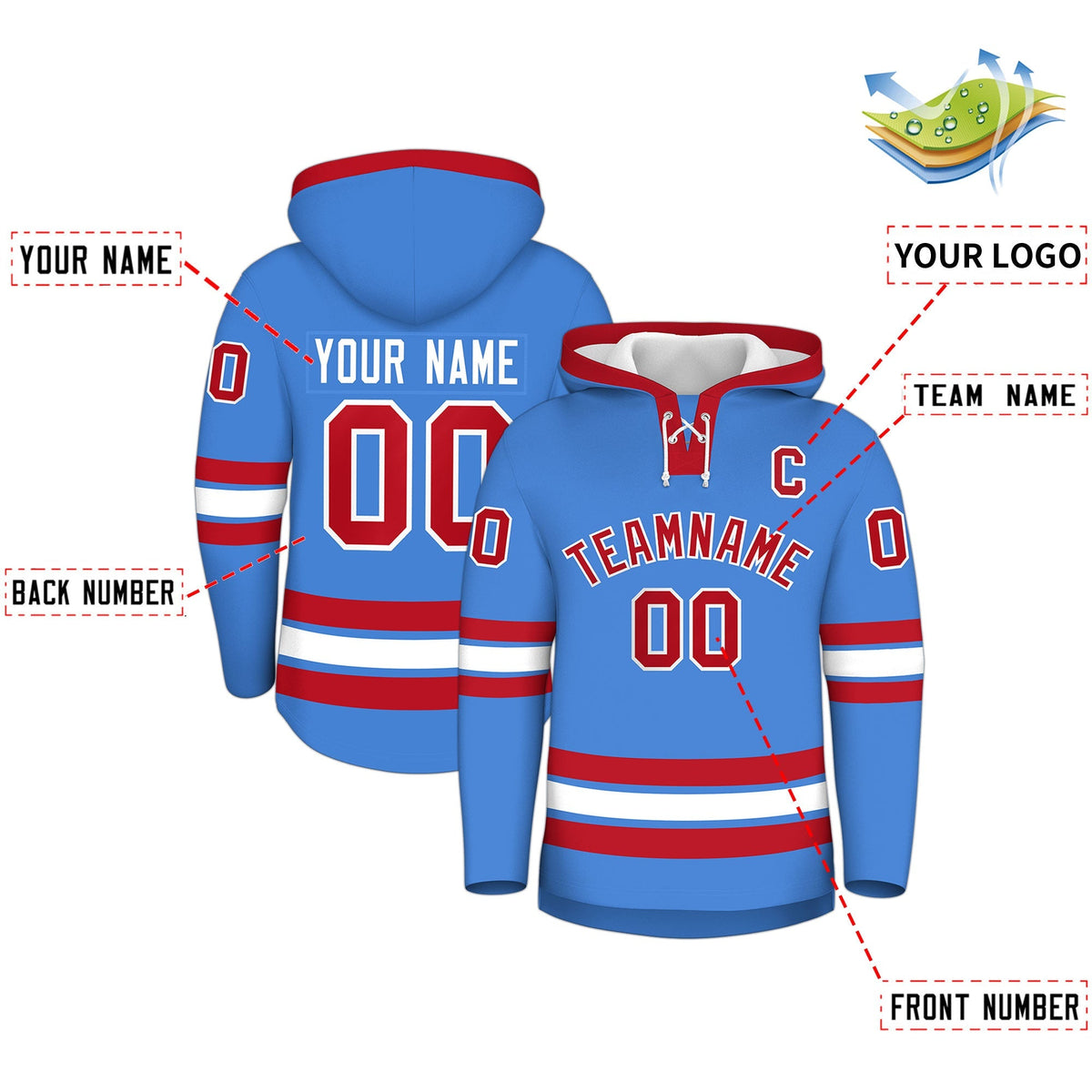 Custom Hockey Hoodie Jersey Powder Blue Red Classic Style for Men&amp;Youth