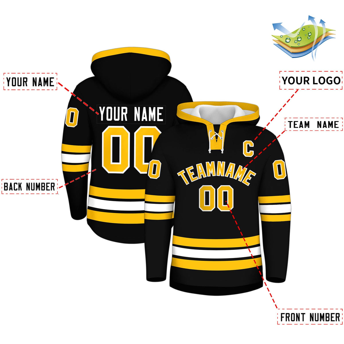 Custom Hockey Hoodie Jersey Black Gold Classic Style for Men&amp;Youth