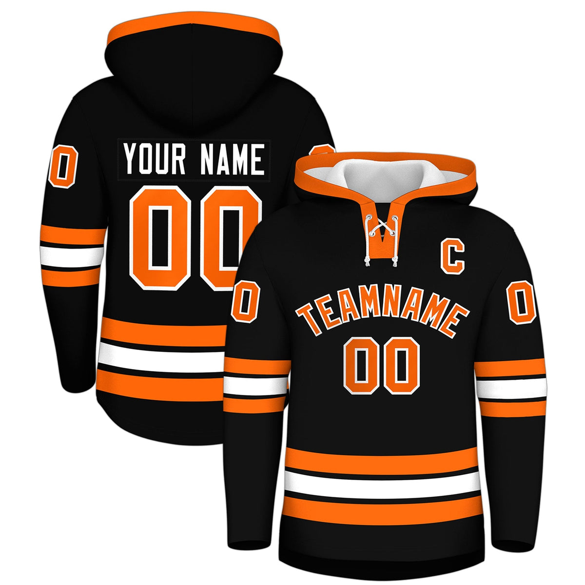 Custom Hockey Hoodie Jersey Black Orange Classic Style Add Name,Number&amp;Logo