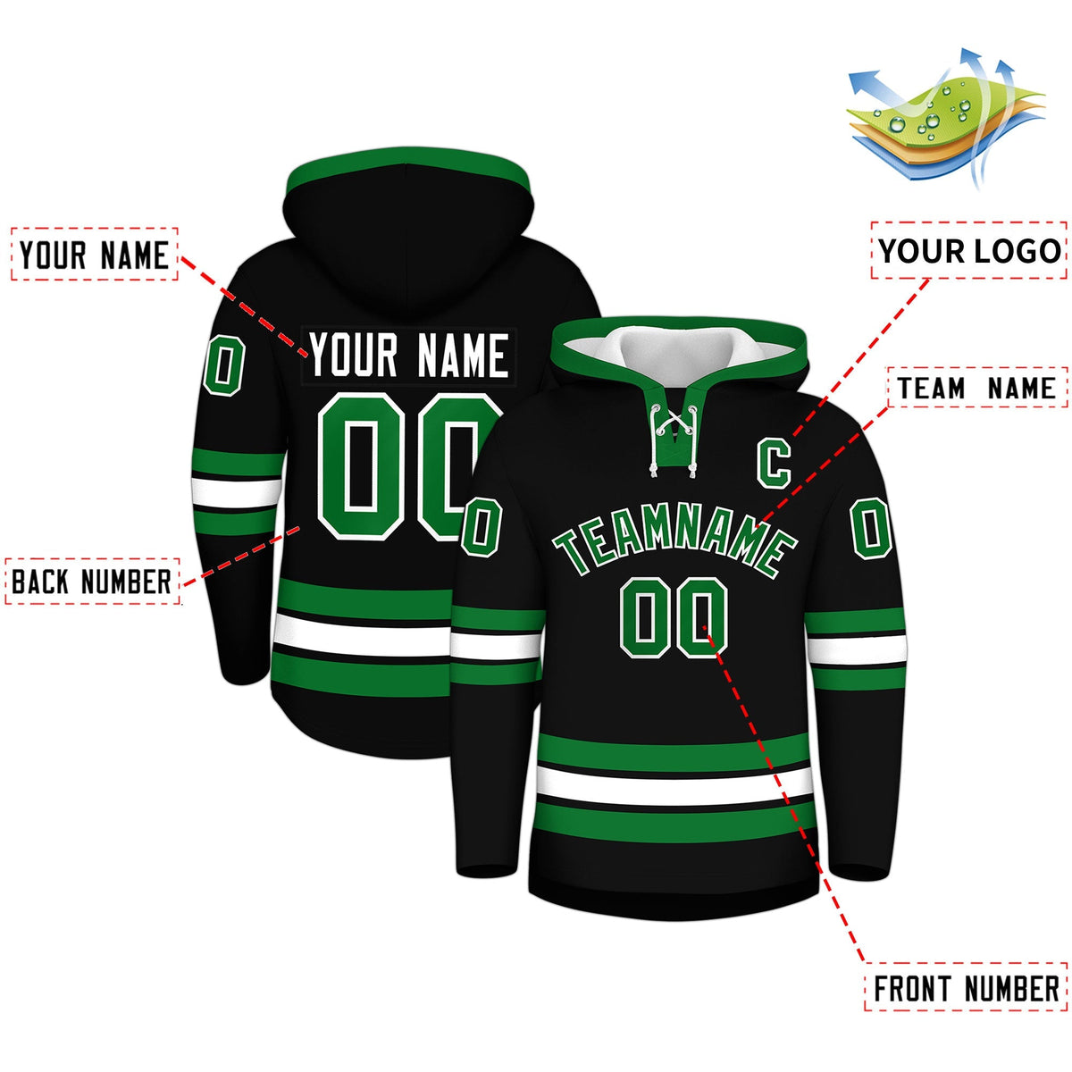 Custom Hockey Hoodie Jersey Black Kelly Green Classic Style for Men&amp;Youth