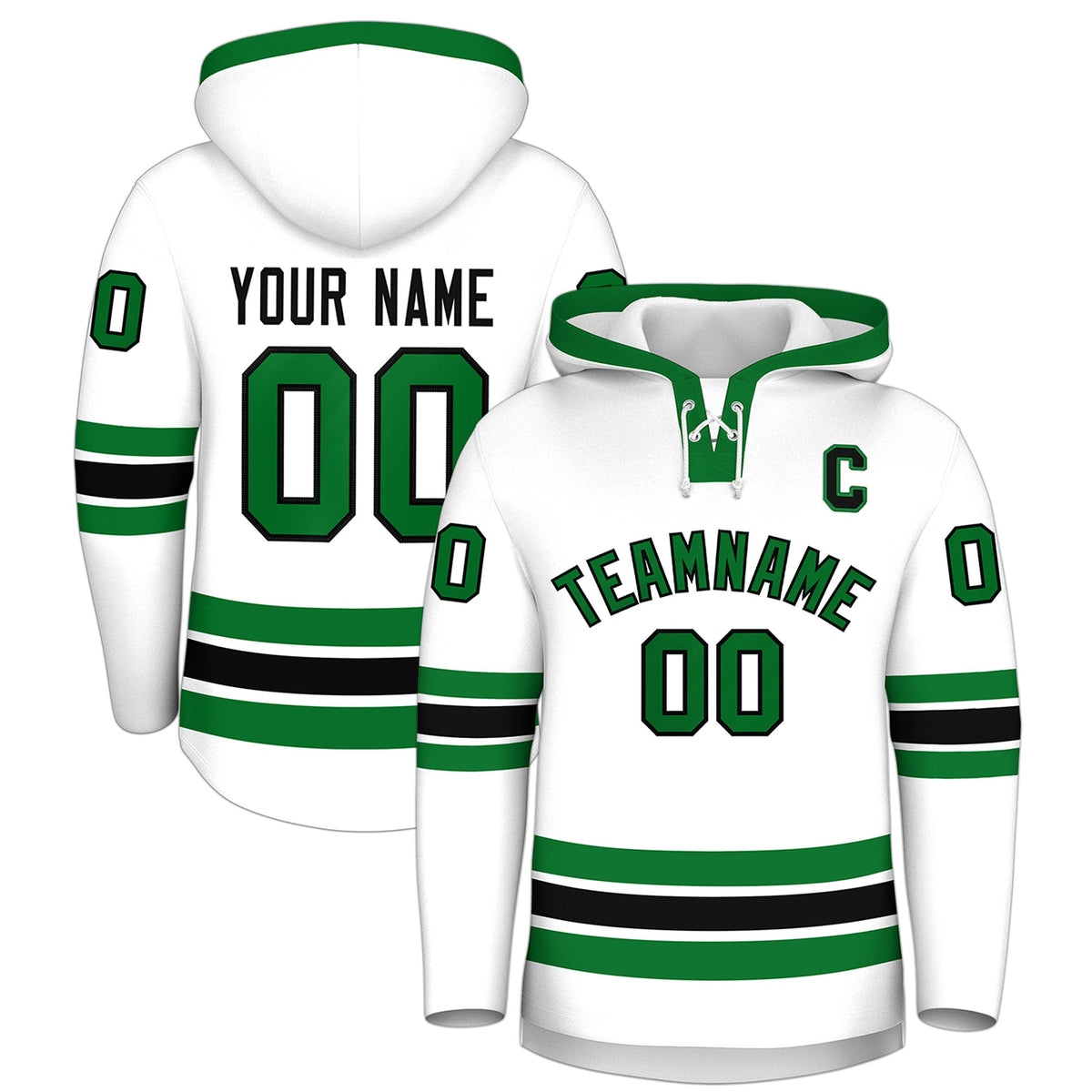 Custom Hockey Hoodie Jersey White Kelly Green Classic Style Add Name,Number&amp;Logo