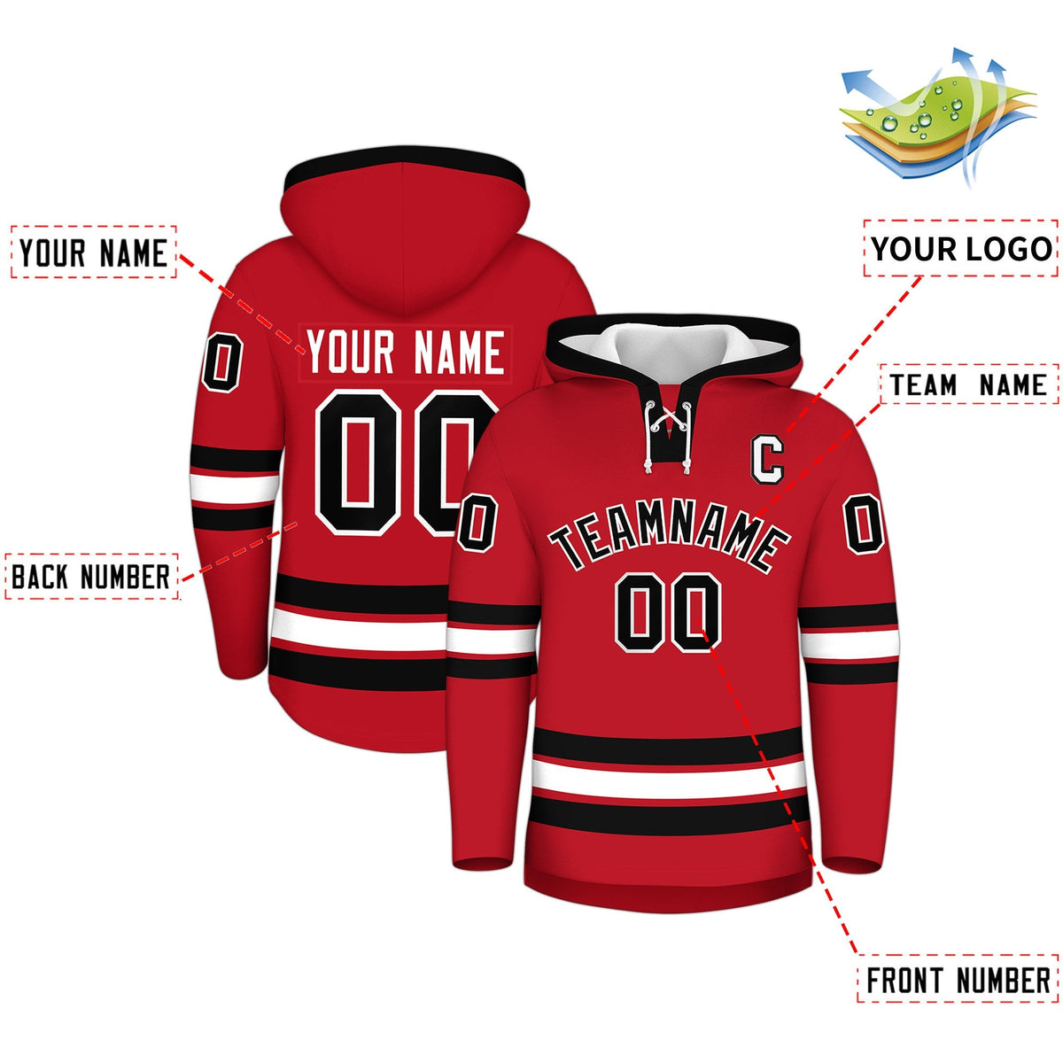 Custom Hockey Hoodie Jersey Red Black Classic Style Add Name,Number&amp;Logo