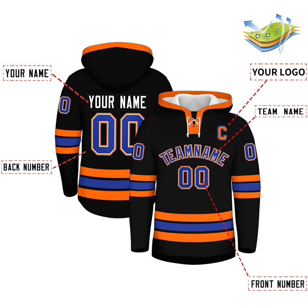 Custom Hockey Hoodie Jersey Black Orange Classic Style for Men&amp;Youth
