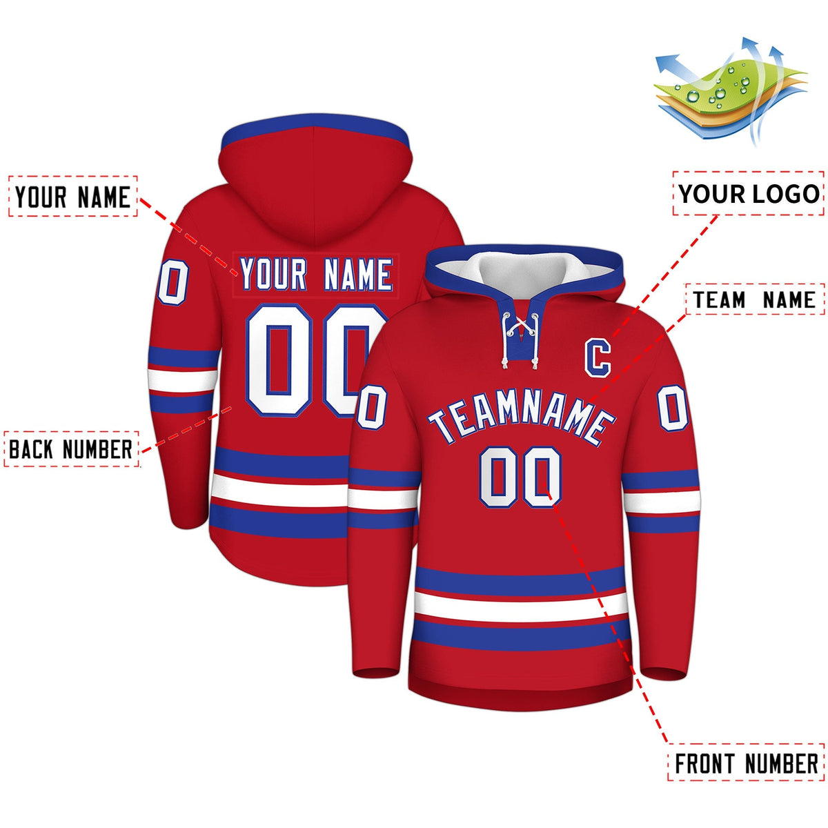 Custom Hockey Hoodie Jersey Red Royal Blue Classic Style Add Name,Number&amp;Logo