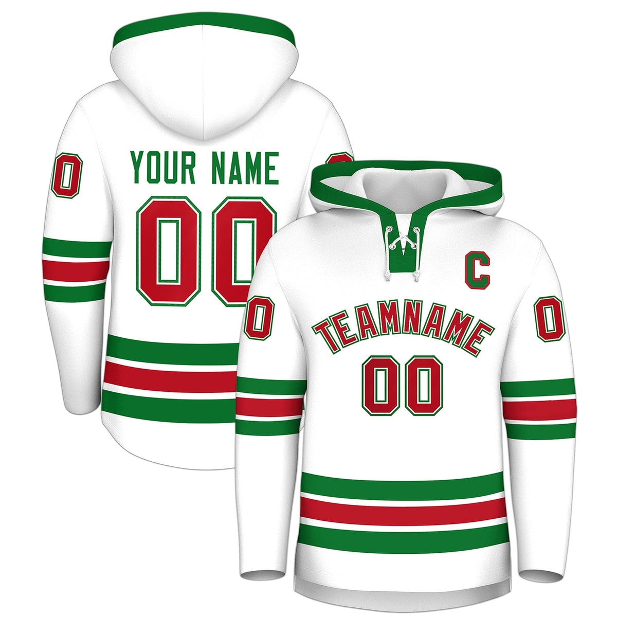 Custom Hockey Hoodie Jersey White Kelly Green Classic Style Add Name,Number&amp;Logo