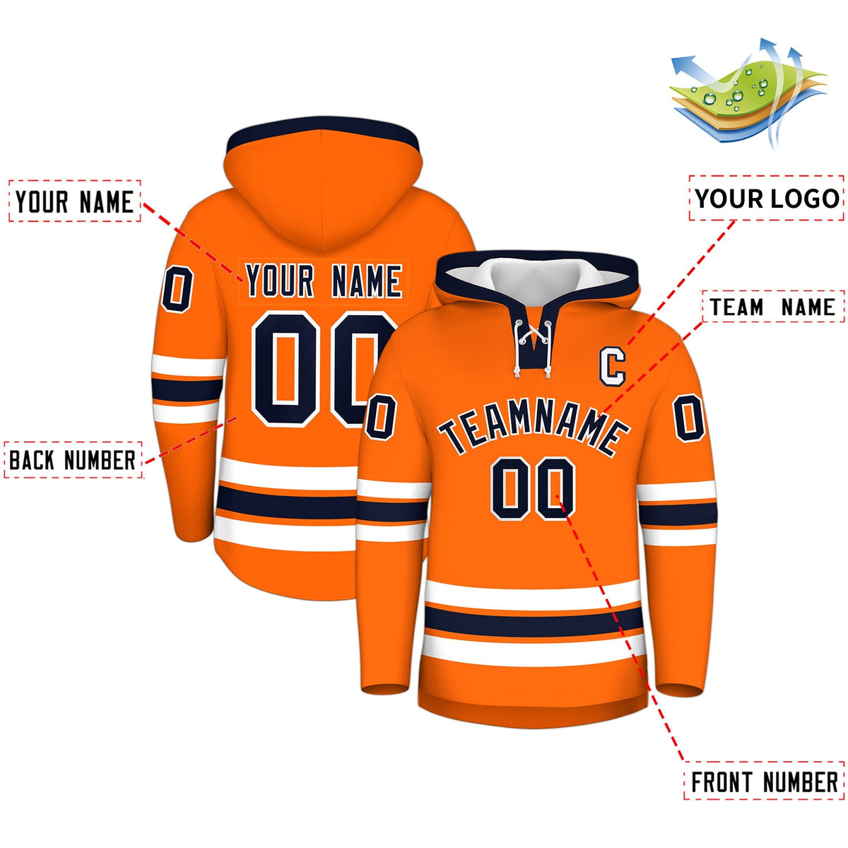 Custom Hockey Hoodie Jersey Orange Navy Classic Style Add Name,Number&amp;Logo