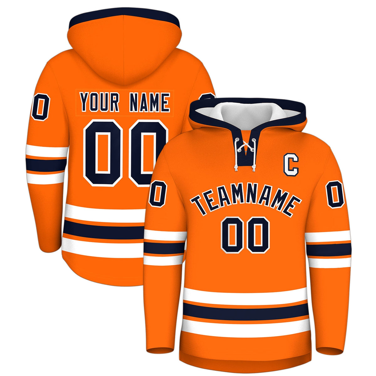 Custom Hockey Hoodie Jersey Orange Navy Classic Style Add Name,Number&amp;Logo
