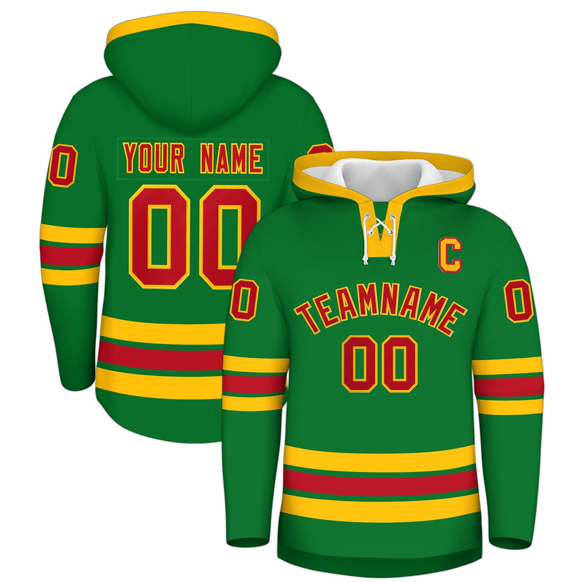Custom Hockey Hoodie Jersey Kelly Green Red Classic Style Add Name,Number&amp;Logo