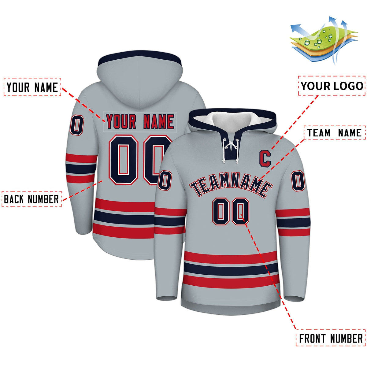 Custom Hockey Hoodie Jersey Silver Navy Classic Style Add Name,Number&amp;Logo