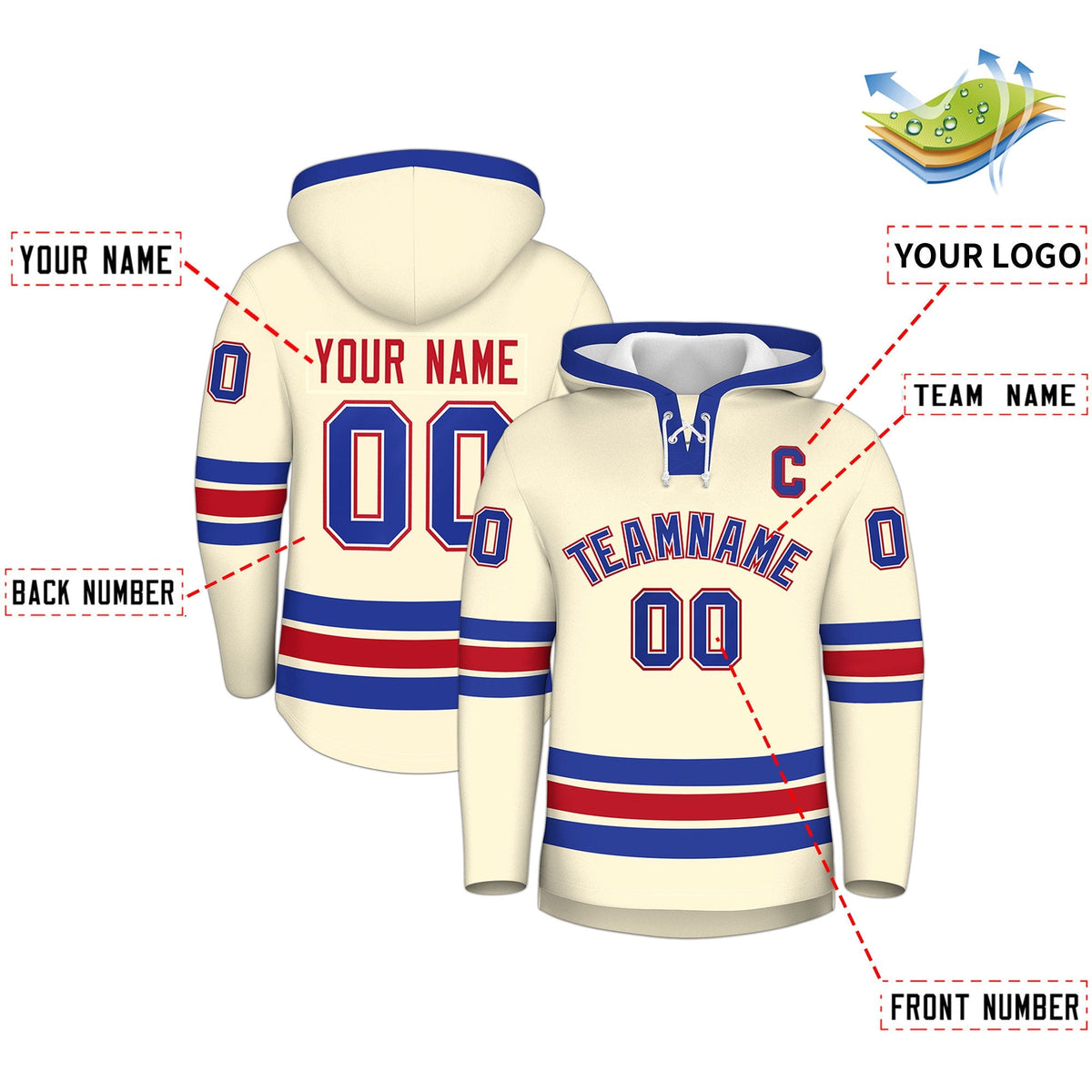 Custom Hockey Hoodie Jersey Cream Royal Blue Classic Style Add Name,Number&amp;Logo