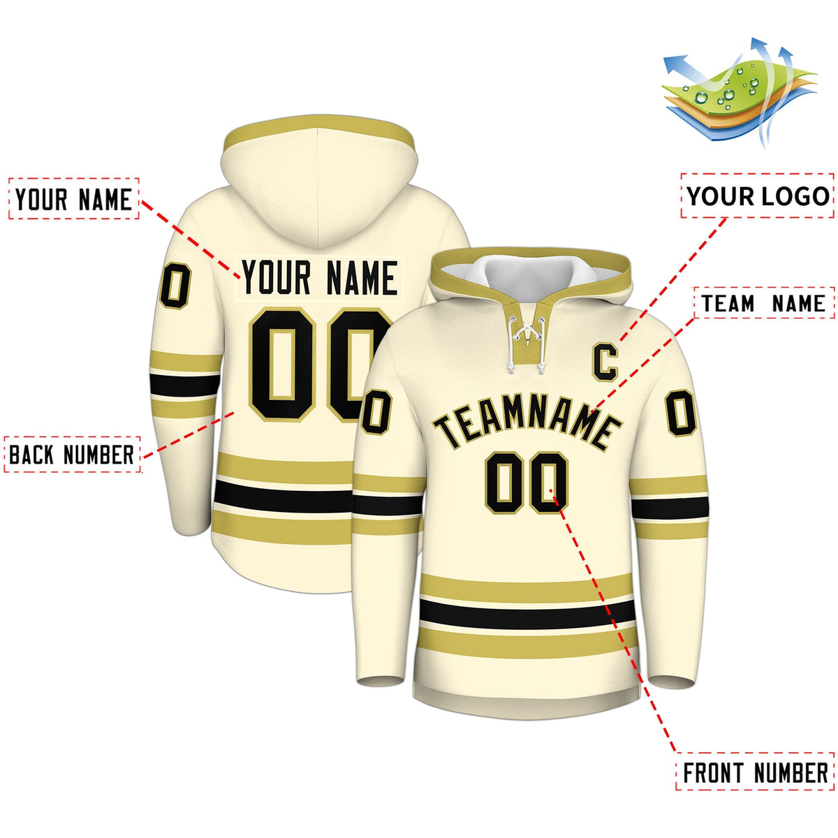 Custom Hockey Hoodie Jersey Cream Old Gold Classic Style for Men&amp;Youth