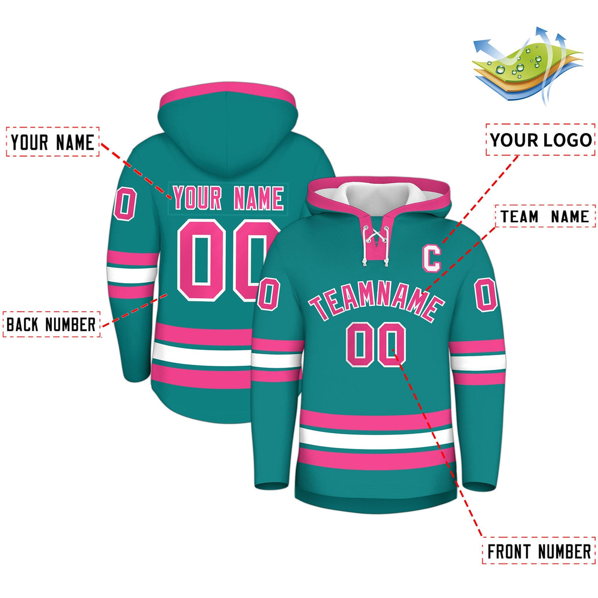Custom Hockey Hoodie Jersey Teal Pink Classic Style for Men&amp;Youth