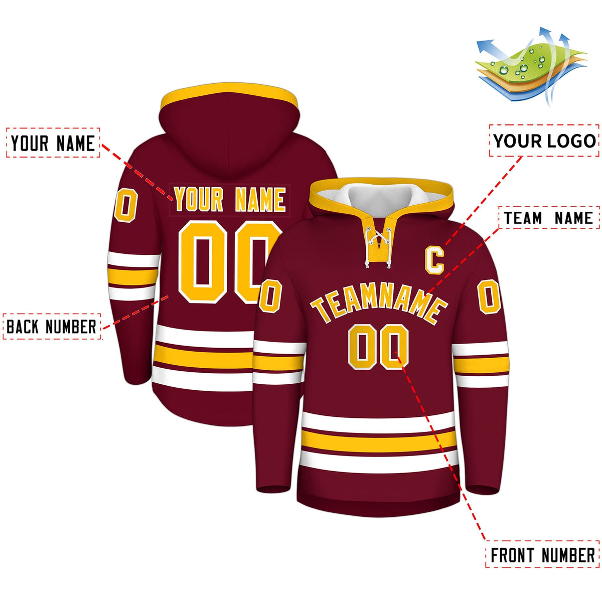 Custom Hockey Hoodie Jersey Crimson Gold Classic Style Add Name,Number&amp;Logo