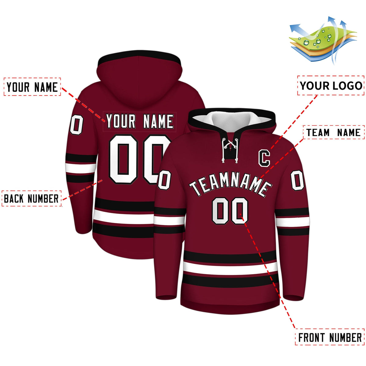 Custom Hockey Hoodie Jersey Crimson Black Classic Style Add Name,Number&amp;Logo