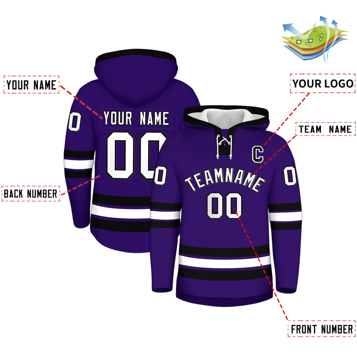 Custom Hockey Hoodie Jersey Purple Black Classic Style Add Name,Number&amp;Logo