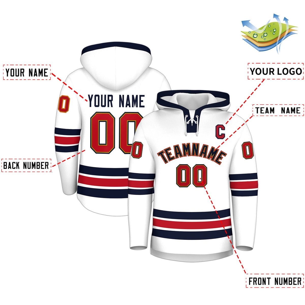 Custom Hockey Hoodie Jersey White Navy Classic Style Add Name,Number&amp;Logo