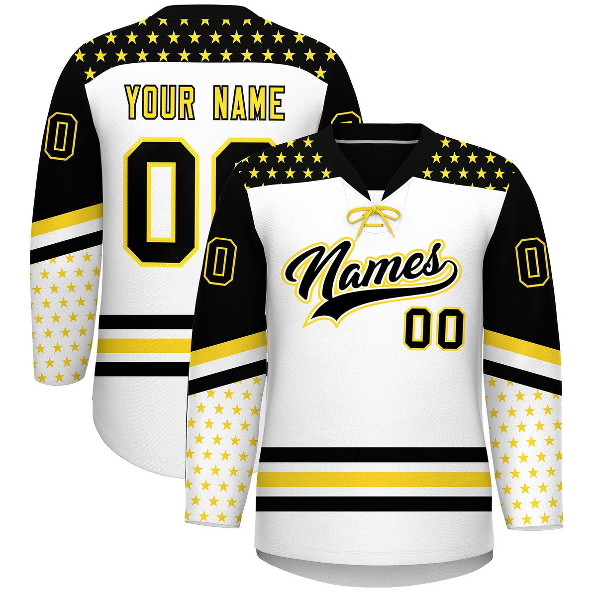 Custom White Black Gold Star Series Personalization Lace-Up Neck Hockey Jersey| KXKSHOP