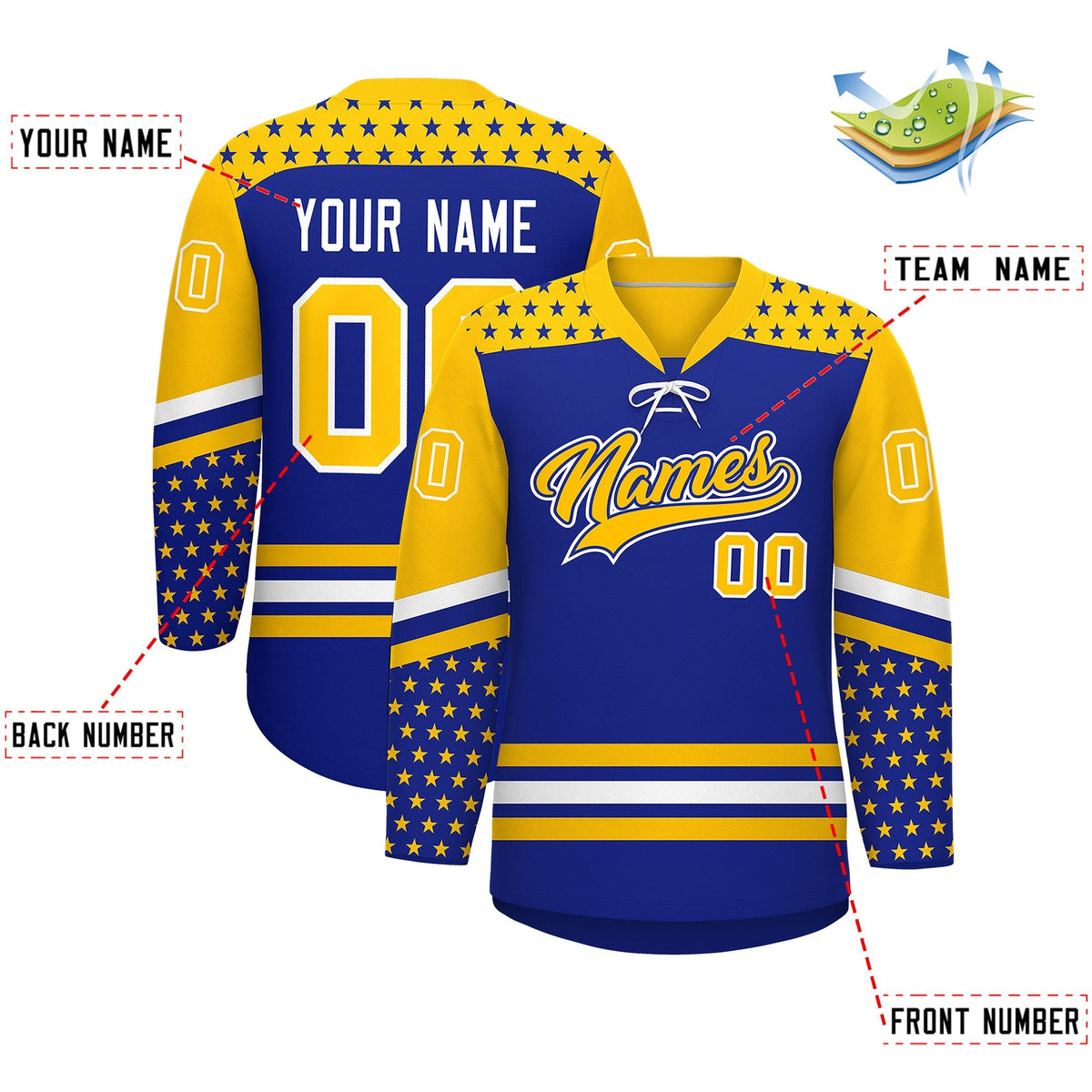 Custom Royal Blue Gold White Star Series Personalization Lace-Up Neck Hockey Jersey| KXKSHOP