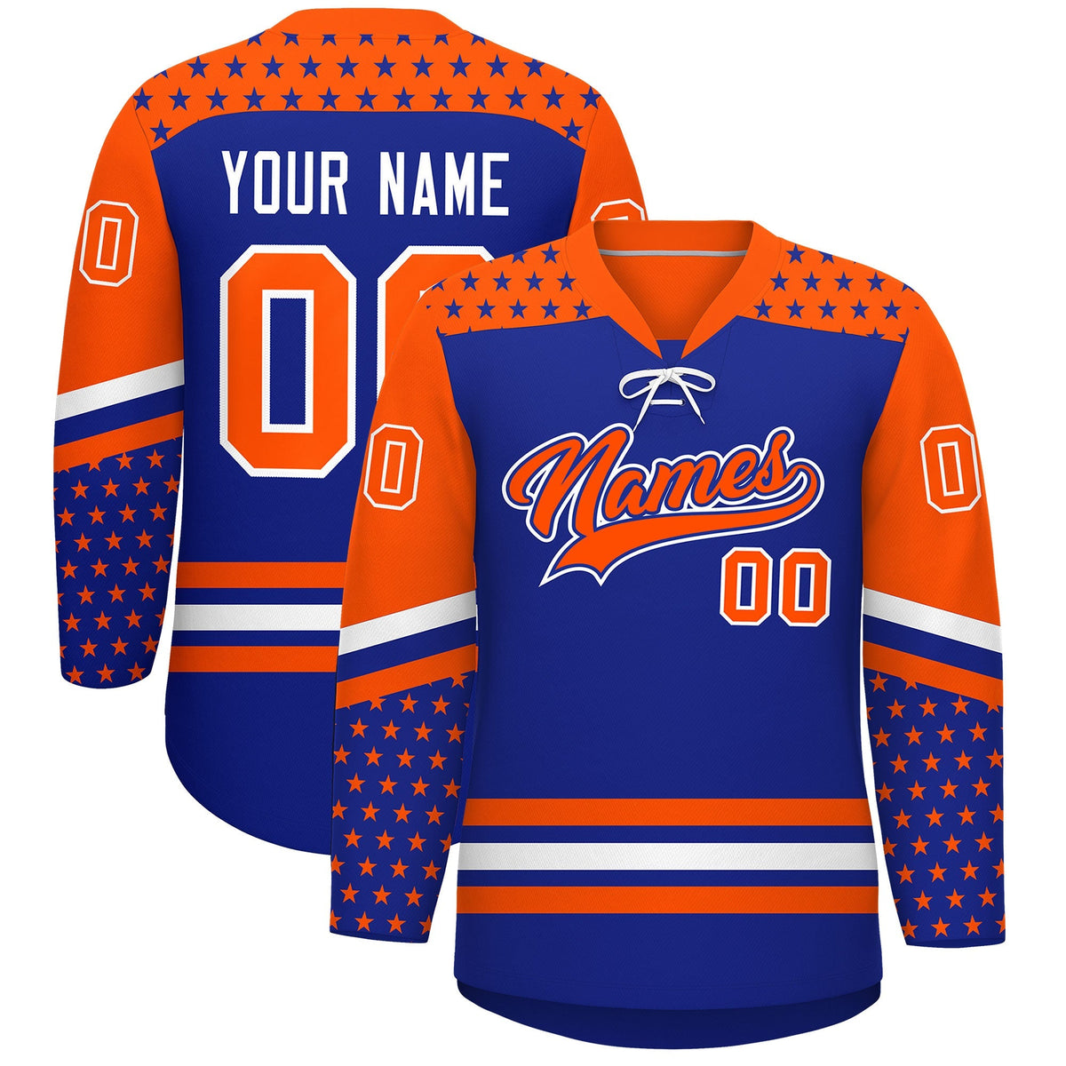 Custom Royal Blue Orange White Star Series Personalization Lace-Up Neck Hockey Jersey| KXKSHOP