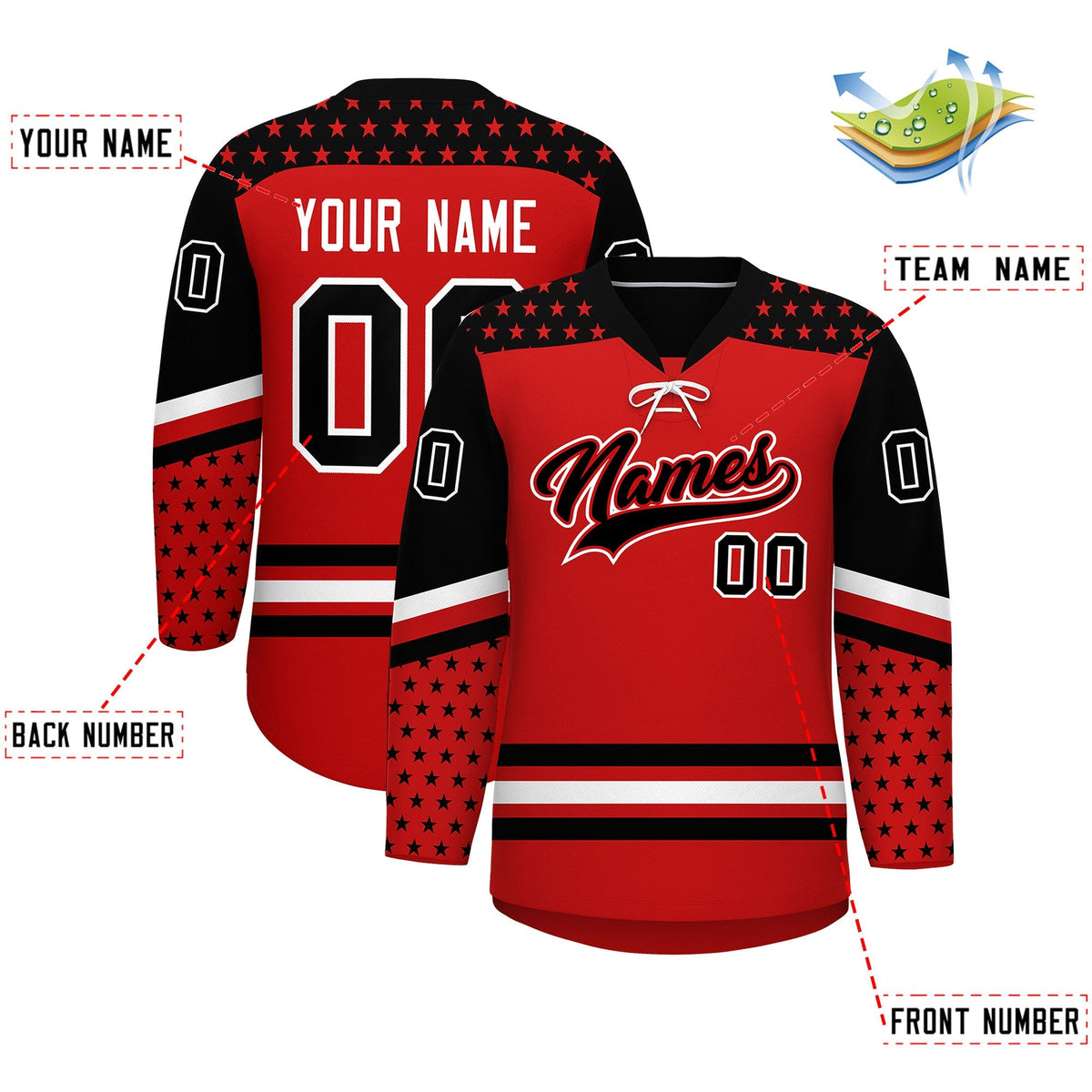 Custom Red Black White Star Series Personalization Lace-Up Neck Hockey Jersey| KXKSHOP