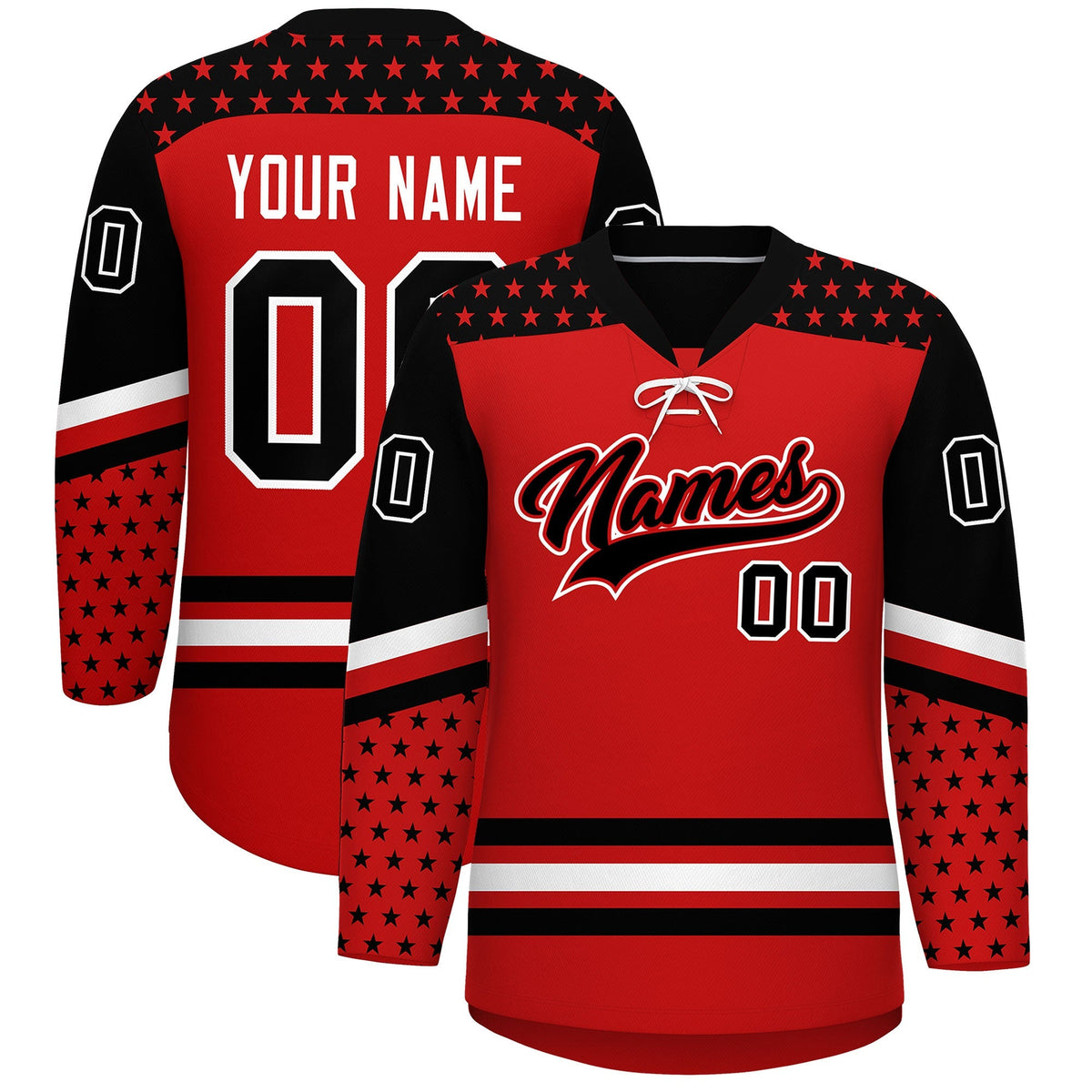 Custom Red Black White Star Series Personalization Lace-Up Neck Hockey Jersey| KXKSHOP